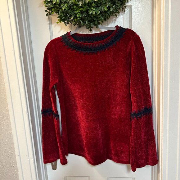 Style & Co. Sweaters - Style and Co. Red Velvet Like Sweater w/Black Embroidery on Neck & Arms-Medium